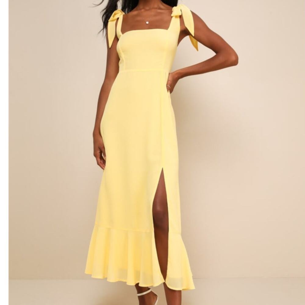NEW Lulus Summer Invite Yellow Chiffon Tie-Strap Tiered A-Line Midi Dress Small